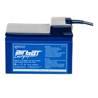 AIRBATT Energiepower LiFePO4 12,8V 10Ah Versorgungsbatterie Polabdeckung mit 10A-Sicherungsautomat und Kabel stirnseitig