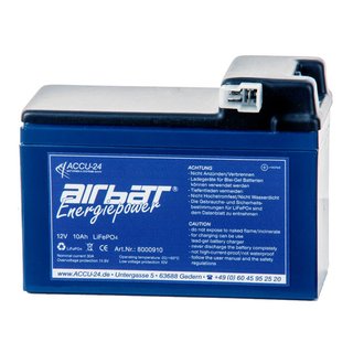AIRBATT Energiepower LiFePO4 12,8V 10Ah Versorgungsbatterie Polabdeckung mit 10A-Sicherungsautomat und Tyco-Anschluss (Stecker) Seitlich Links ASG29