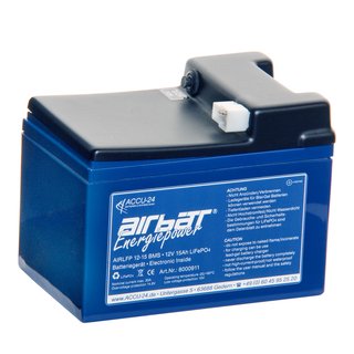 AIRBATT Energiepower LiFePO4 AIR-LFP 12-15 12,8V 15Ah Versorgungsbatterie Polabdeckung mit 10A-Sicherungsautomat und Tyco-Anschluss (Stecker) mittig